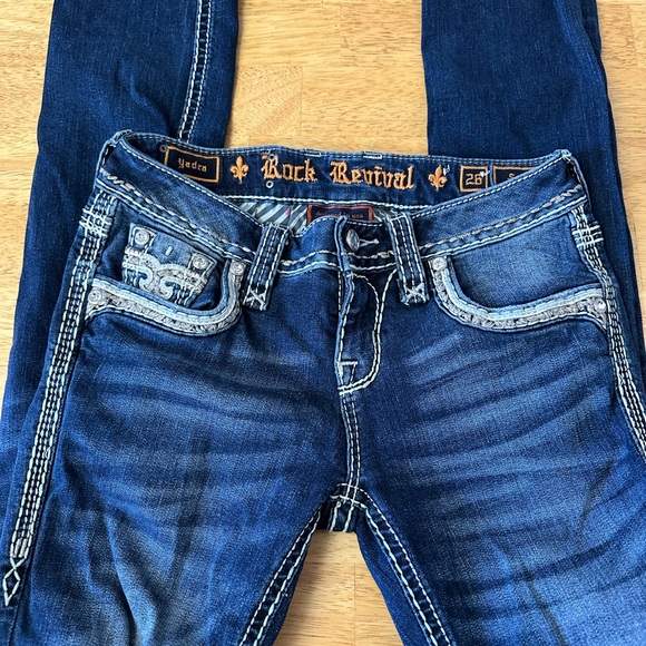 Rock Revival Blue Straight Leg Jeans with Decorative Stitching - Picture 3 of 6